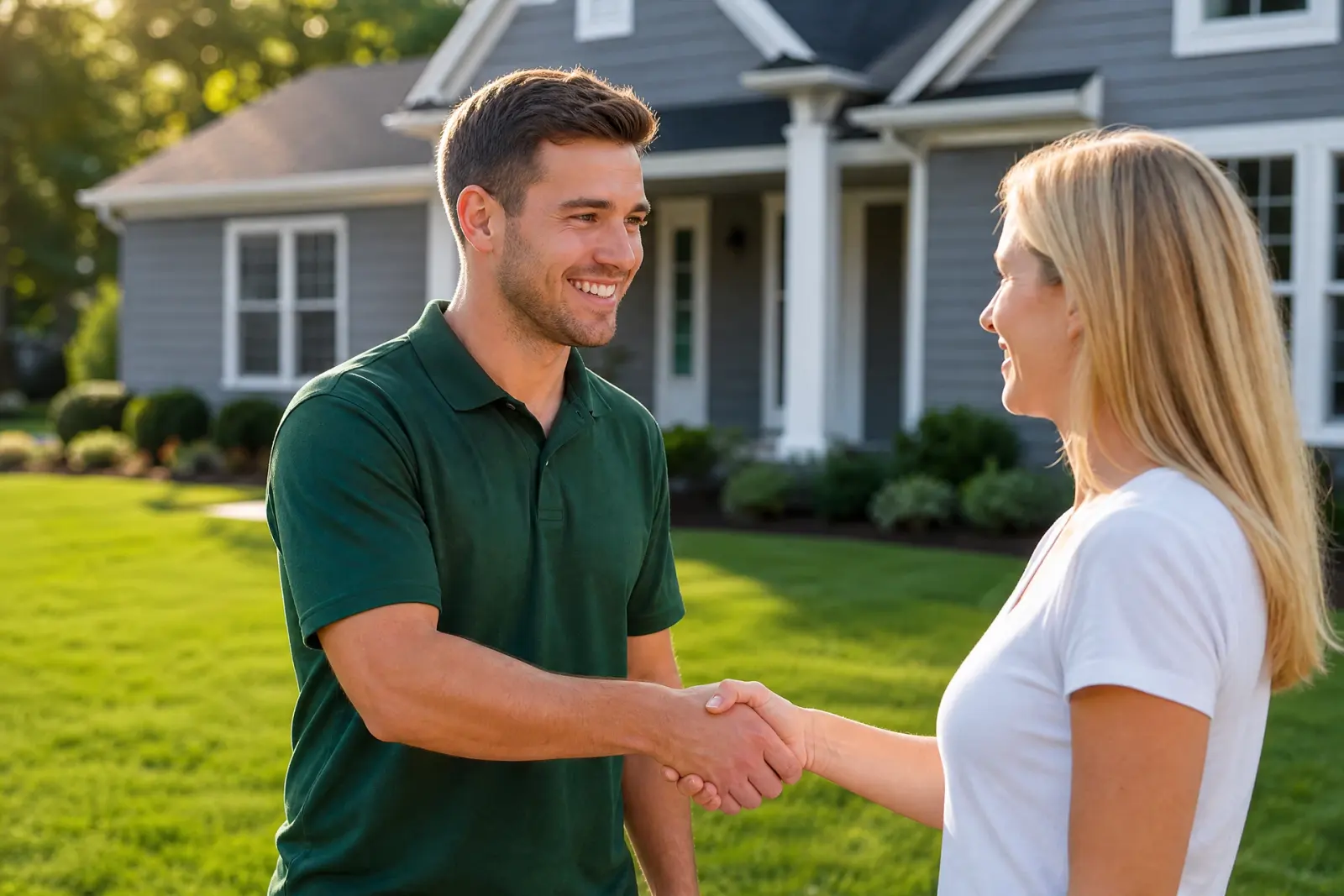 Our installer greets a Cape May County homeowner beside a lawn we just laid
