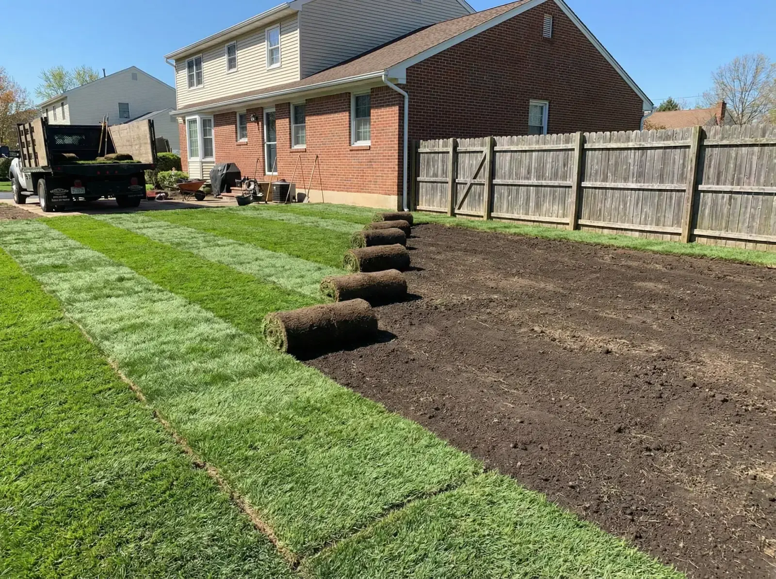Crew unrolling new sod over a graded Cape May County yard