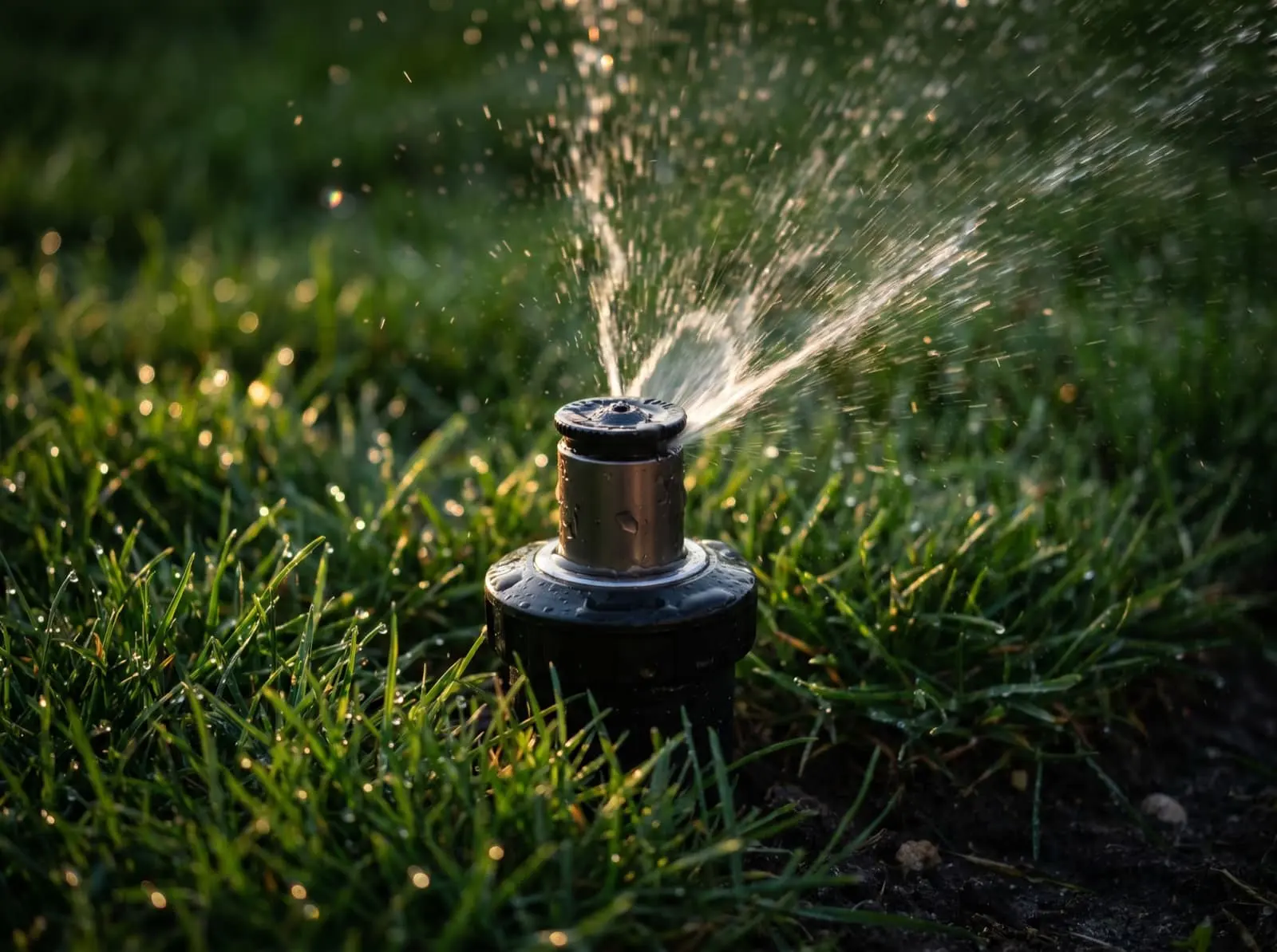 Sprinkler head watering a lawn up close